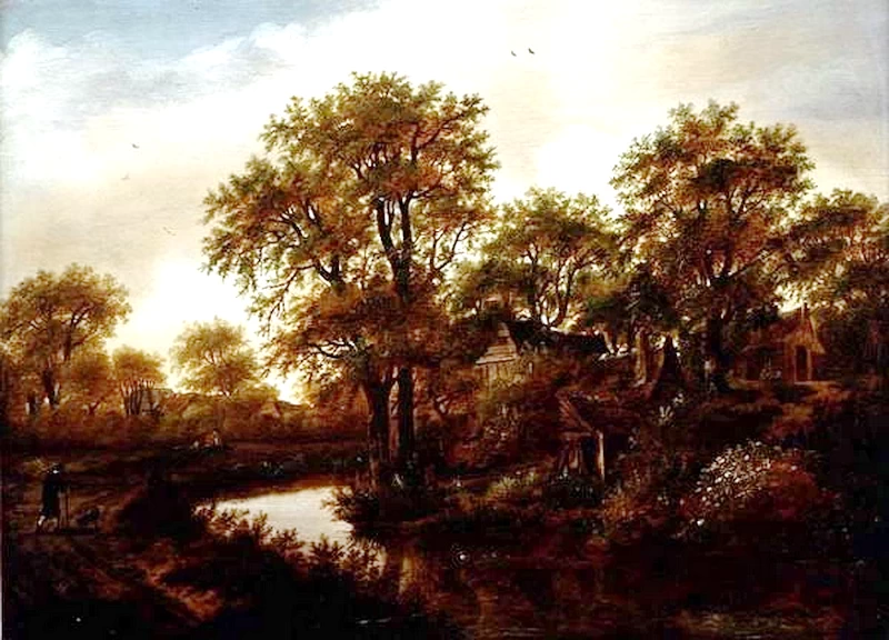 Paesaggio fluviale con casolari e contadini